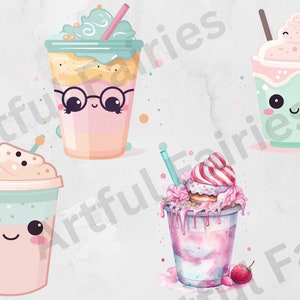 May include: Four cartoon illustrations of different types of iced drinks with cute faces. Each drink has a straw and whipped cream on top. The drinks are in pink, blue, and green cups.
