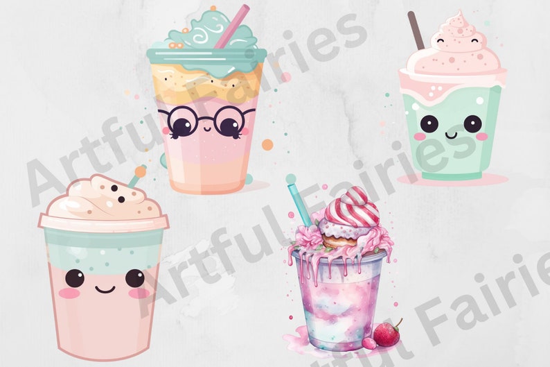 May include: Four cartoon illustrations of different types of iced drinks with cute faces. Each drink has a straw and whipped cream on top. The drinks are in pink, blue, and green cups.