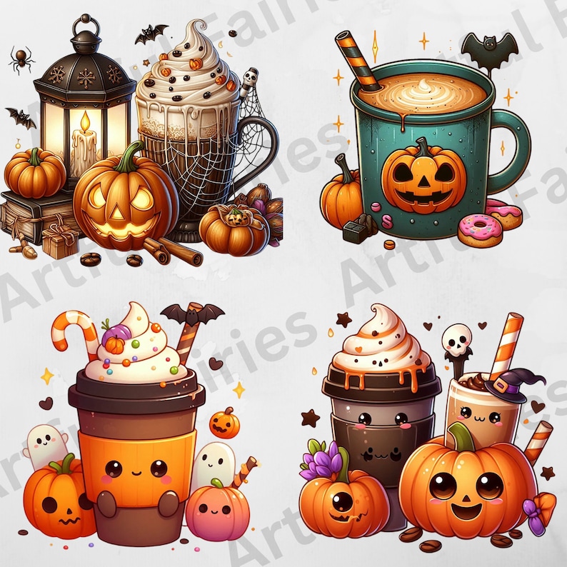 May include: Four illustrated Halloween-themed coffee cups with whipped cream and pumpkin decorations. The cups are surrounded by pumpkins, candy, and other Halloween-themed items.