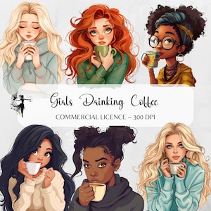 Girls with Coffee PNG Sublimation Designs Woman Clipart Junk Journal Supplies Scrapbooking Digital Collage Printable Planner Stickers Coffee