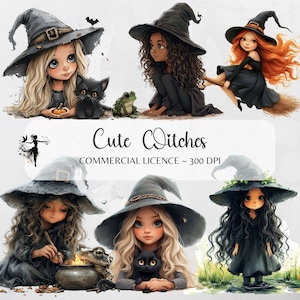 Witchy PNG Gruselige Nette Hexe Clipart Schwarze Hexe PNG Gruselige Chibi Hexe Junk Journal Aufkleber Halloween Sublimation Digitale Cartoon Designs
