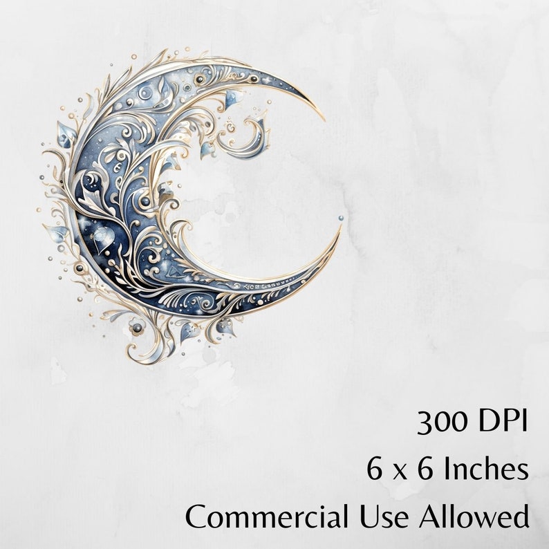 May include: A blue and gold crescent moon with intricate floral designs and sparkling accents. The moon is set against a white background with a subtle watercolor effect. 300 DPI, 6 x 6 inches. Commercial Use Allowed.