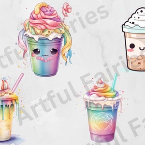 May include: Four colorful cartoon-style drinks with whipped cream and sprinkles. Each drink has a cute face and is in a clear plastic cup with a rainbow design.