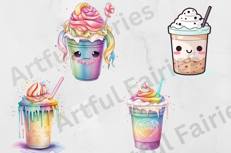 May include: Four colorful cartoon-style drinks with whipped cream and sprinkles. Each drink has a cute face and is in a clear plastic cup with a rainbow design.