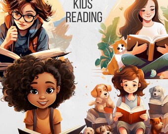 Lezen clipart boek clipart boeken clipart boekenwurm clipart lezing PNG meisje lezing clipart boekenplank aquarel clipart lezing stickers