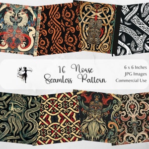 Puede incluir: Un conjunto de 16 patrones digitales sin costuras con diseños de mitología nórdica. Los patrones son de varios colores, incluyendo negro, rojo, dorado y blanco. Los patrones son de 15,24 x 15,24 cm y están disponibles para uso comercial.