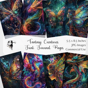 Fantasy Kreaturen Junk-Journal Digitaler Hintergrund Magie Kit Magische Papierpackung Scrapbook-Papier Drache Ephemera Fee Papiermodelle Schmetterling