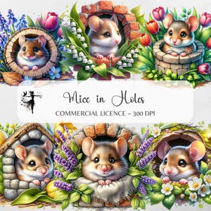 Ensemble de cliparts trou de souris Souris nature dans des trous Clipart aquarelle Cottagecore Souris de bébé sublimation PNG Designs Animal confortable mur de souris mignon