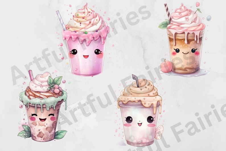 May include: Four cartoon-style milkshakes with smiling faces. Each milkshake has a different color and topping. The milkshakes are on a white background.