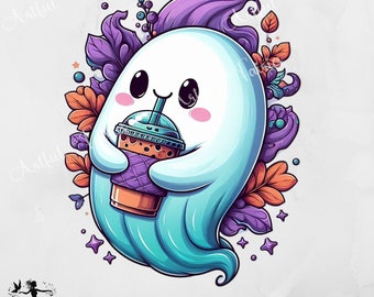 Cute Fall Ghost PNG Halloween Coffee Clipart Spooky Sublimation Design Shirt Bougie Popular Trendy uv DTF Mug Wrap Coffee Lover Mug Sticker