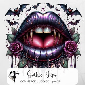 Labbra gotiche PNG sublimazione Design Halloween DTF Stampa labbra Clipart Tumbler Wrap Camicia Digital Planner Adesivi Bacio spettrale Denti da vampiro Pipistrello