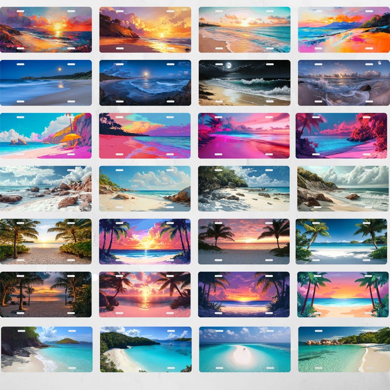 May include: A set of 20 digital images featuring various beach scenes with blue water, white sand, and palm trees. The images are perfect for use as phone backgrounds, social media posts, or for printing.