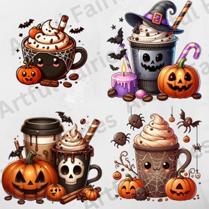 May include: Four Halloween-themed coffee cups with whipped cream and spooky decorations. Each cup is surrounded by pumpkins, bats, spiders, and other Halloween imagery.