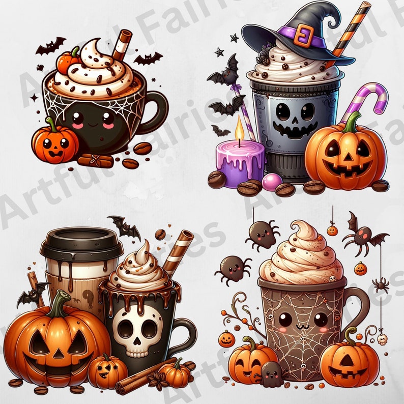 May include: Four Halloween-themed coffee cups with whipped cream and spooky decorations. Each cup is surrounded by pumpkins, bats, spiders, and other Halloween imagery.