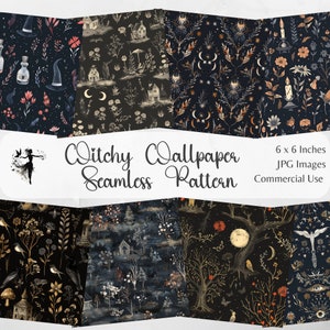 Witchy Tapete Nahtloses Muster Digitales Papier Hintergründe Wald Hexe Printable Scrapbooking Junk Journal Produkte Natur Blätter Planer