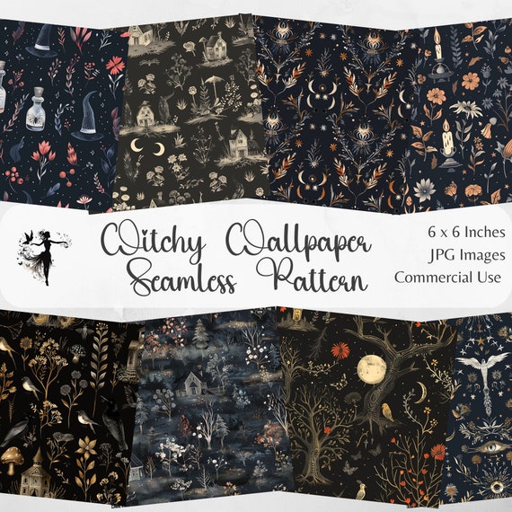 Witchy Wallpaper Seamless Pattern Digital Paper Backgrounds Forest Witch Printable Scrapbooking Junk Journal Products Nature Leaves Planner