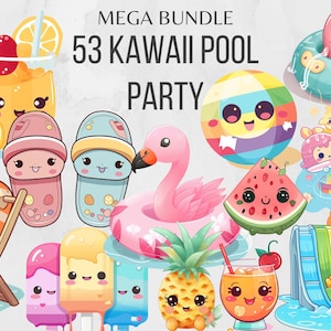Fiesta en la piscina kawaii, invitación, fiesta en la piscina tropical, flamenco lindo, verano, piña, sandía, invitación, polo de hielo