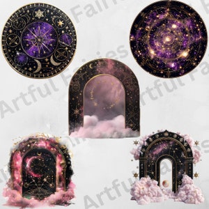 May include: Five digital illustrations of celestial arches and celestial circles with gold accents and a purple and black galaxy background. The arches are framed with gold and have a pink cloud effect at the bottom. The circles are filled with stars and constellations.