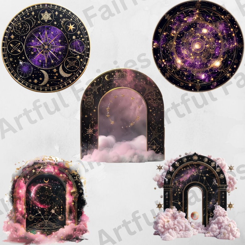 May include: Five digital illustrations of celestial arches and celestial circles with gold accents and a purple and black galaxy background. The arches are framed with gold and have a pink cloud effect at the bottom. The circles are filled with stars and constellations.