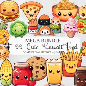 Kawaii Clipart Cute Food Clipart Printable Sublimation Kawaii Stickers Drinks Sweets Dessert Cupcake Pizza Kawaii T Shirt Design Bundle