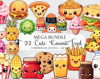 Kawaii Clipart Cute Food Clipart Printable Sublimation Kawaii Stickers Drinks Sweets Dessert Cupcake Pizza Kawaii T Shirt Design Bundle