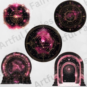 May include: Five circular and arched designs with a pink and gold celestial theme. The designs feature a black background with gold geometric shapes and pink nebulae, stars, and planets.