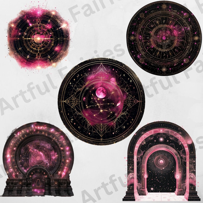 May include: Five circular and arched designs with a pink and gold celestial theme. The designs feature a black background with gold geometric shapes and pink nebulae, stars, and planets.