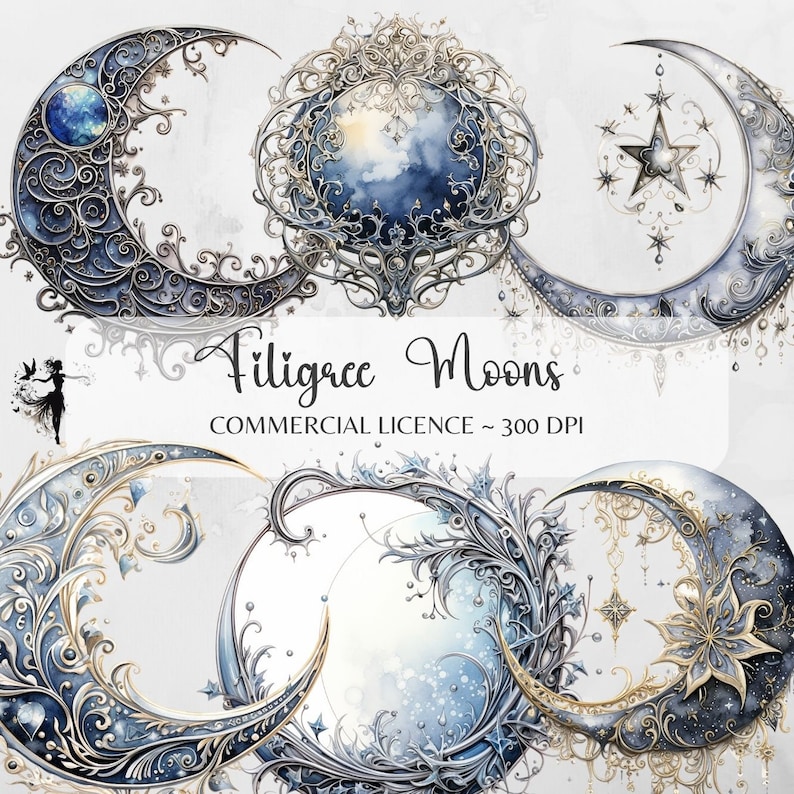 Full Moon PNG Moon Clipart Celestial Clipart Fantasy Clipart Junk Journal Supplies Mixed Media Watercolor PNG Crescent Moon Silver Moonjunk journal moon and stars supplies