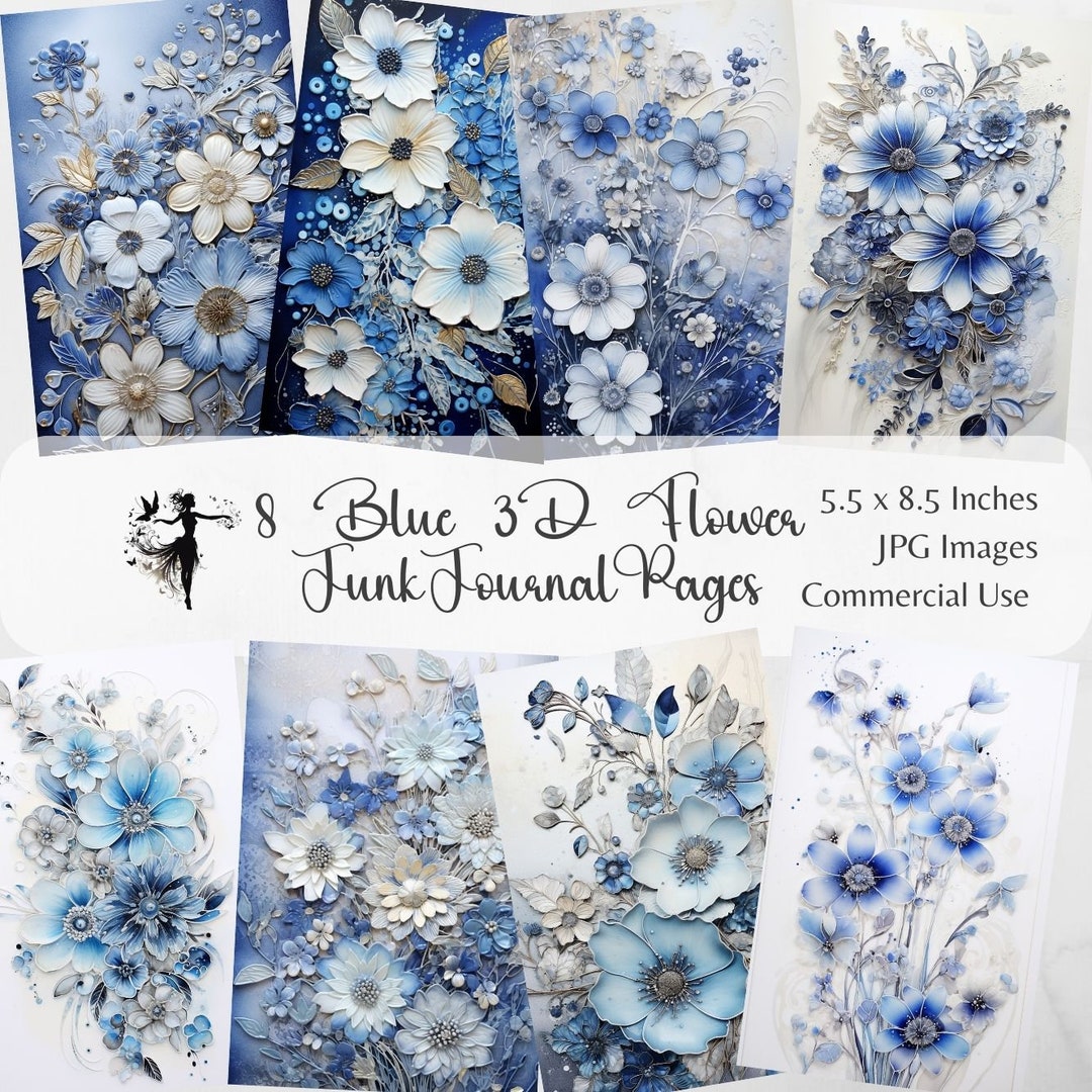 Blue Floral Junk Journal Pages 3D Journal Kit Floral Blue Junk Journal ...
