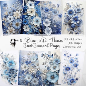 Blue Floral Junk Journal Pages 3D Journal Kit Floral Blue Junk Journal Paper Pack Scrapbook Paper Scrapbooking Ephemera Digitaal papier 3D JPG