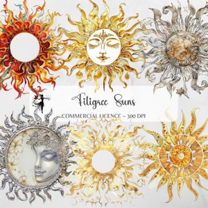 Filigraan zon clipart PNG hemelse fantasie zonnestralen ongewenste tijdschrift levert zonneschijn aquarel PNG gouden zon zomer bronzen sublimatie papier