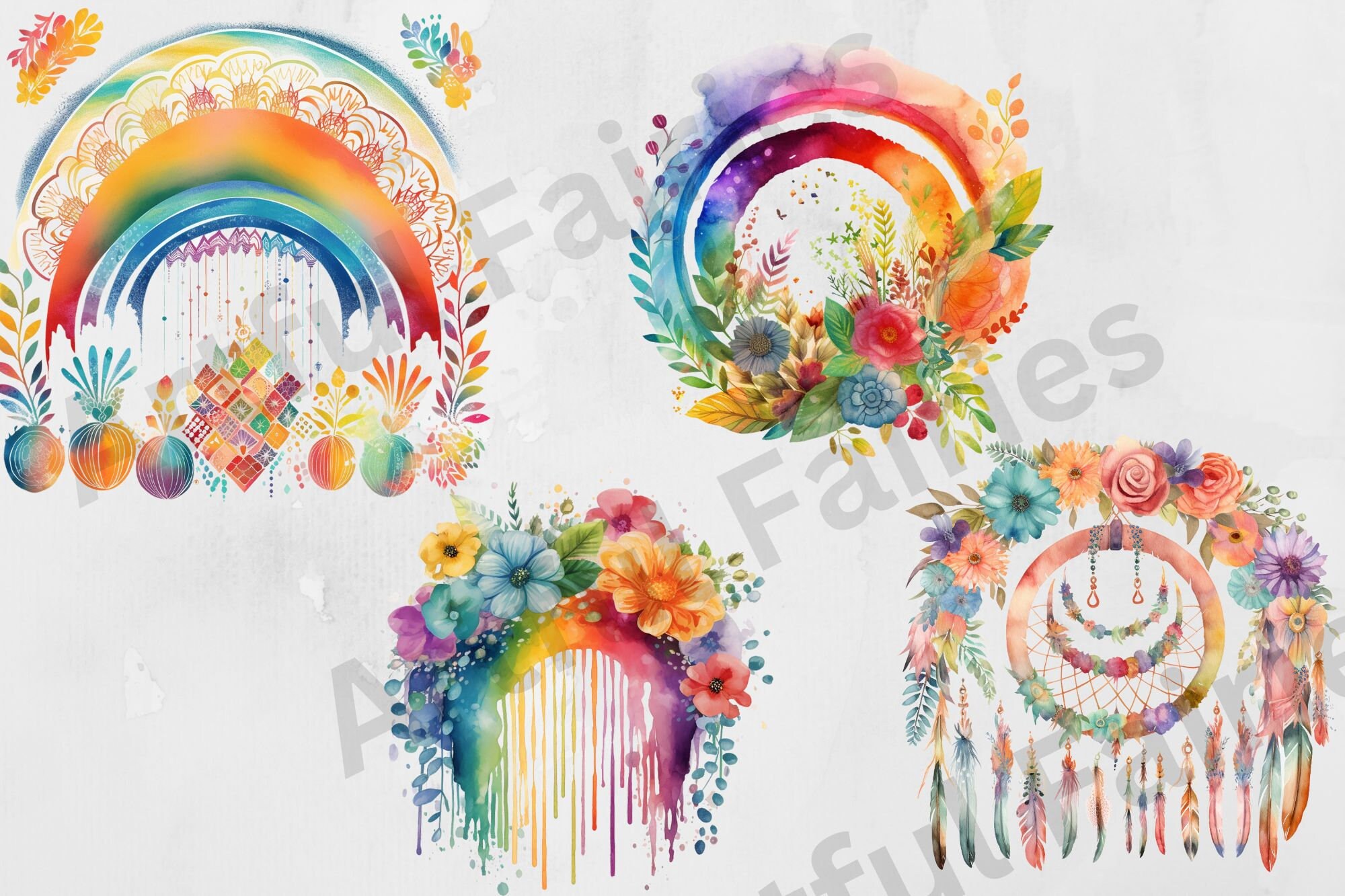 Watercolor Boho Rainbow Clipart PNG Boho Clipart Boho Flower Clipart ...