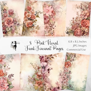 Pagine di diario spazzatura floreale rosa Kit di carta per album digitale Fiori rosa stampabili Mixed Media Journaling Papers Confezione di carta Ephemera vintage