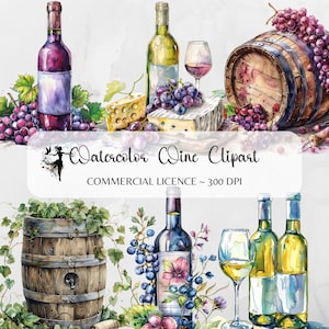 Watercolor Wine Clipart Bundle Grapes PNG Wine Glasses Clipart Barrel Cottagecore Vineyard Cheese Red White Wine Digital Printable Graphics