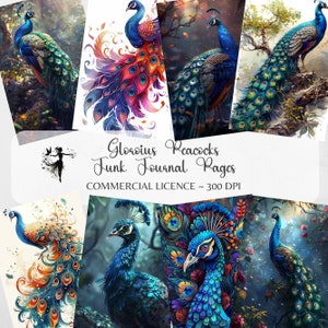 Páginas de diario basura de pavo real, álbum de recortes tropical, kit de páginas de álbum de recortes botánico, hoja de collage digital, suministros para manualidades con papel imprimible