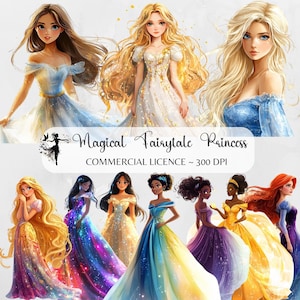 Princess PNG Clipart bundle, Magical Fairytale Princess PNG, Watercolor Princess Clipart, Fantasy Magical Fairies, Princess Birthday Decor