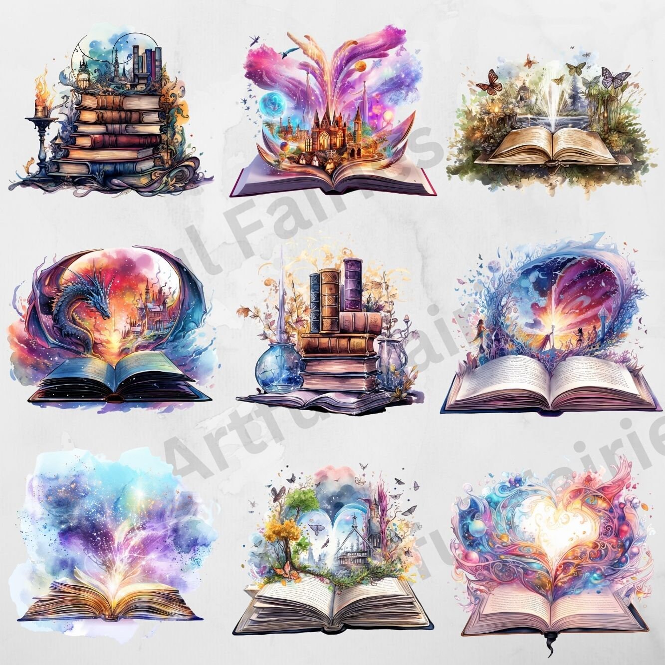 Fantasy Shortsstack Watercolor Fantasy Books Clipart Open Book Bookshelf Vintage Stack ...