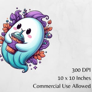 May include: A cartoon illustration of a friendly ghost holding a bubble tea. The ghost is white and light blue, with pink cheeks and big black eyes. It is surrounded by purple and orange leaves and stars.