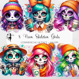 Carino scheletro ragazza PNG Clipart Set Neon autunno sublimazione vibrazioni autunnali accogliente scheletro ragazza clipart bundle stagione spettrale PNG Halloween caffè DTF
