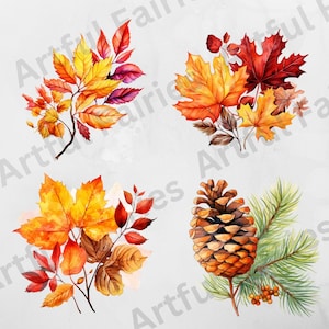 K&ouml;nnte beinhalten: Vier Aquarell-Illustrationen von Herbstlaub und einer Tannenzapfen. Das erste Bild zeigt einen Zweig mit gelben, orangefarbenen und roten Bl&auml;ttern. Das zweite Bild zeigt eine Gruppe von roten, orangefarbenen und gelben Bl&auml;ttern. Das dritte Bild zeigt eine Gruppe von gelben, orangefarbenen und roten Bl&auml;ttern. Das vierte Bild zeigt eine Tannenzapfen mit gr&uuml;nen Nadeln.