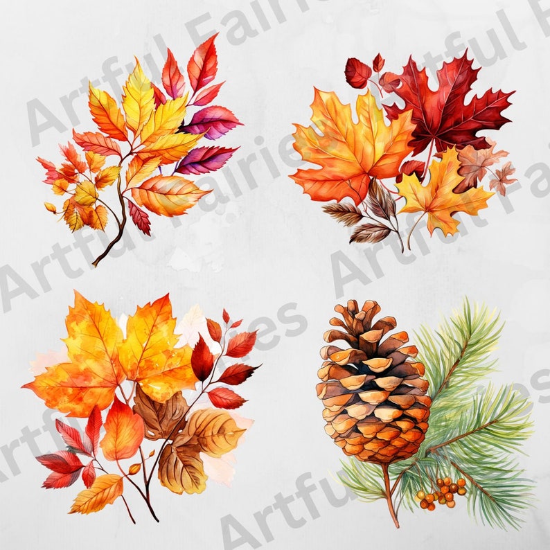 K&ouml;nnte beinhalten: Vier Aquarell-Illustrationen von Herbstlaub und einer Tannenzapfen. Das erste Bild zeigt einen Zweig mit gelben, orangefarbenen und roten Bl&auml;ttern. Das zweite Bild zeigt eine Gruppe von roten, orangefarbenen und gelben Bl&auml;ttern. Das dritte Bild zeigt eine Gruppe von gelben, orangefarbenen und roten Bl&auml;ttern. Das vierte Bild zeigt eine Tannenzapfen mit gr&uuml;nen Nadeln.
