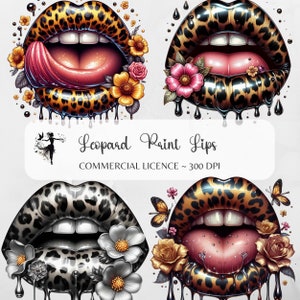 Könnte beinhalten: Vier digitale Illustrationen von Lippen mit Leopardenmuster, tropfender Farbe und Blumen. Die Lippen sind in verschiedenen Farben und haben unterschiedliche Ausdrücke. Der Text "Leopard Paint Lips" und "COMMERCIAL LICENCE ~ 300 DPI" befindet sich am unteren Rand des Bildes.