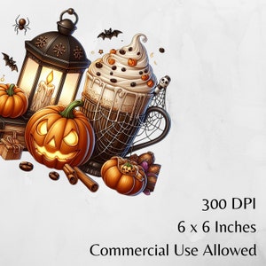 May include: A Halloween-themed illustration featuring a spooky coffee drink topped with whipped cream and candy corn, a jack-o'-lantern, a lantern, and a spider.