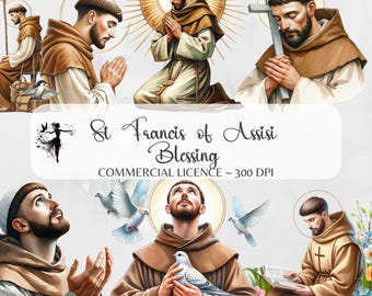 May include: Digital illustrations of Saint Francis of Assisi in various poses, including praying, holding a dove, and reading a book. The images are in a traditional style with warm colours and detailed features. The text "St Francis of Assisi Blessing" and "COMMERCIAL LICENCE ~ 300 DPI" is included.