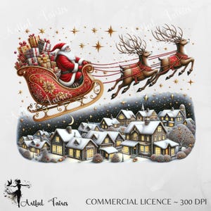 Père Noël en traîneau Clipart Père Noël PNG scène de Noël traditionnelle renne Noël aquarelle fabrication de cartes Sublimation Design UV DTF clause
