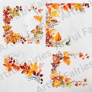 K&ouml;nnte beinhalten: Vier Aquarell-Illustrationen von Herbstlaubecken. Jede Ecke zeigt eine Ansammlung von Bl&auml;ttern in Gelb-, Orange- und Rott&ouml;nen mit kleinen roten Beeren und Ranken.