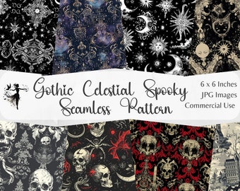 May include: A set of six 6x6 inch digital seamless patterns featuring gothic celestial and spooky designs. The patterns include skulls, stars, moons, and other celestial elements in black, white, gold, and red.