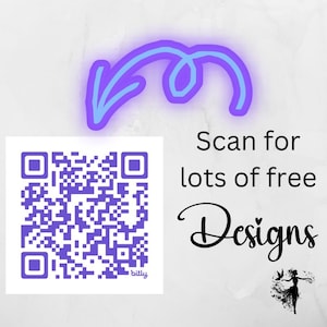 May include: Image with a QR code and the text "Scan for lots of free Designs." A purple arrow points towards the QR code. The QR code is a square filled with a pattern of smaller purple squares.