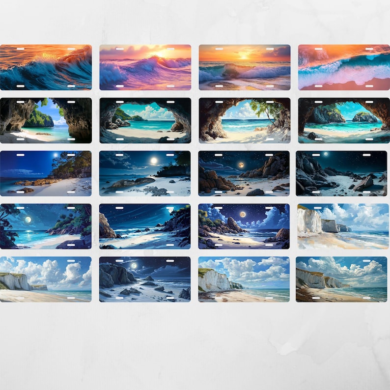 May include: A set of 20 different beach-themed license plates. The plates feature various scenes of beaches, oceans, and sunsets. Some plates feature a cave with a beach inside, while others feature a beach with a sunset in the background. The plates are all rectangular and have a white background with a blue border.