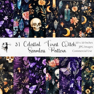 Witchy Wallpaper Seamless Pattern Garten Dunkel Floral Digitales Papier Hintergrund Wald Hexe Printable Dark Botanicals Surface Design Planer